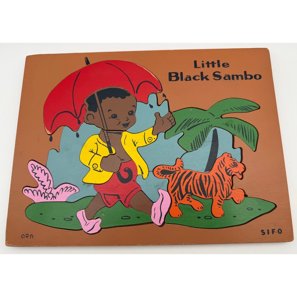 Vintage SIFO Wood Inlay Tray Puzzle Little Black Sambo Red Umbrella Tiger Toy